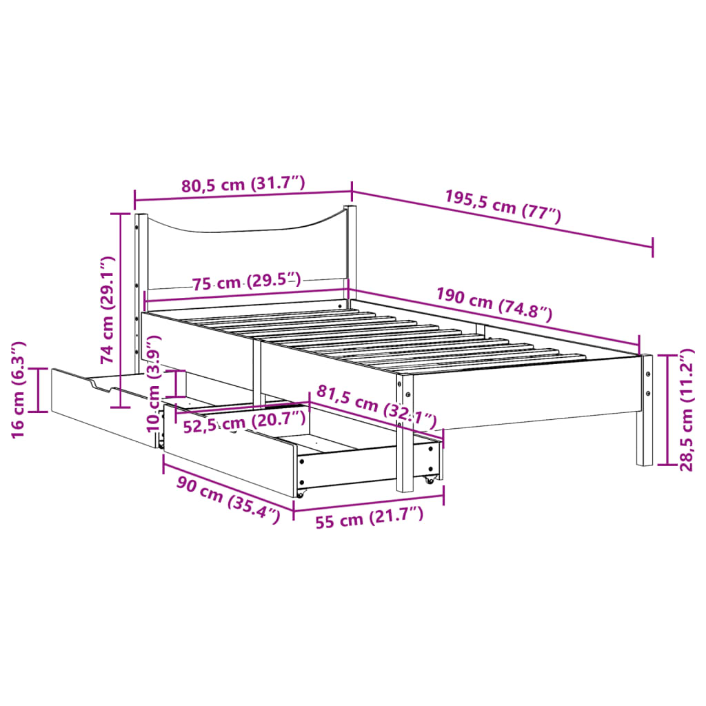 Bed Frame with Drawers 75x190 cm Small Single Solid Wood Pine