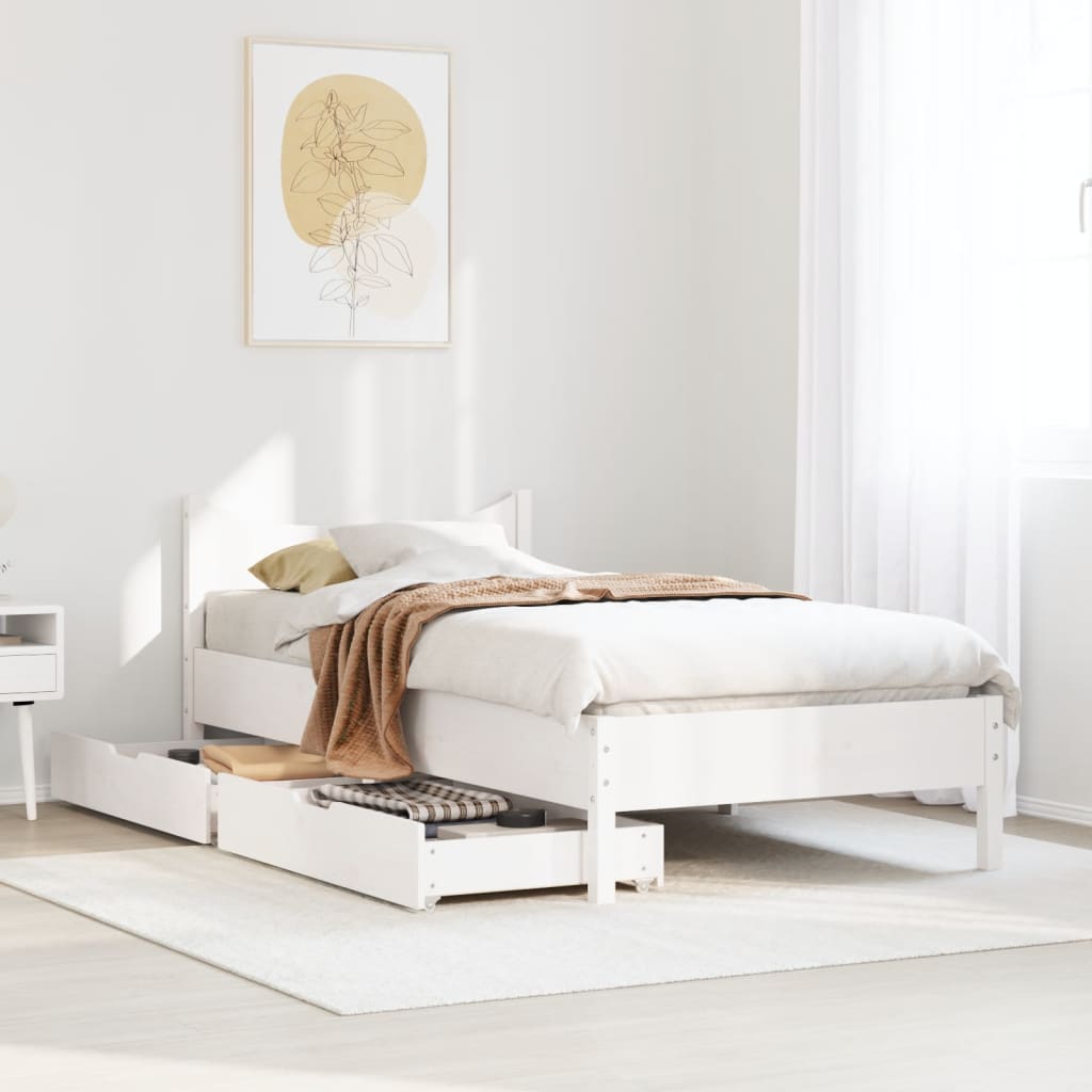 Bed Frame with Drawers White 75x190 cm Small Single Solid Wood Pine