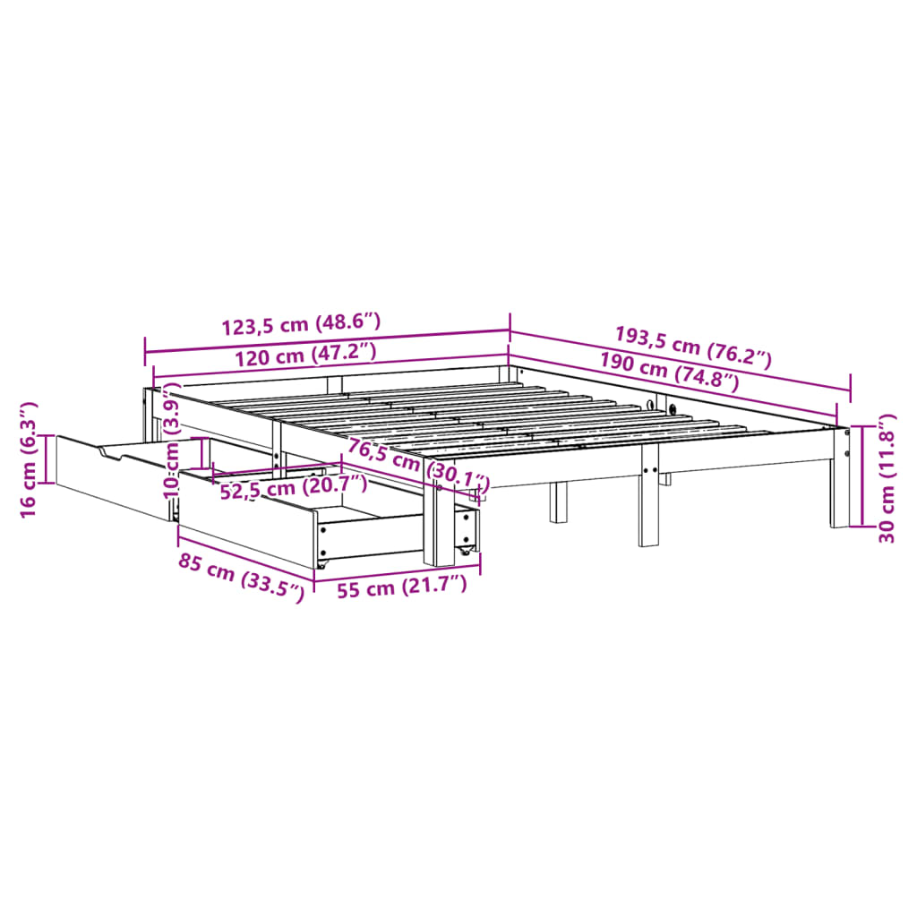 Bed Frame with Drawers Wax Brown 120x190 cm Small Double Solid Wood Pine