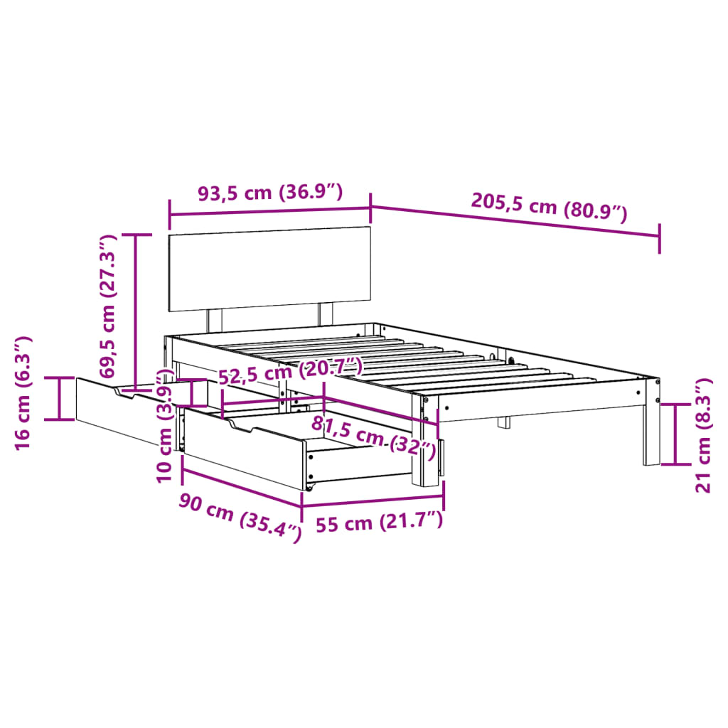 Bed Frame with Drawers without Mattress 90x200 cm