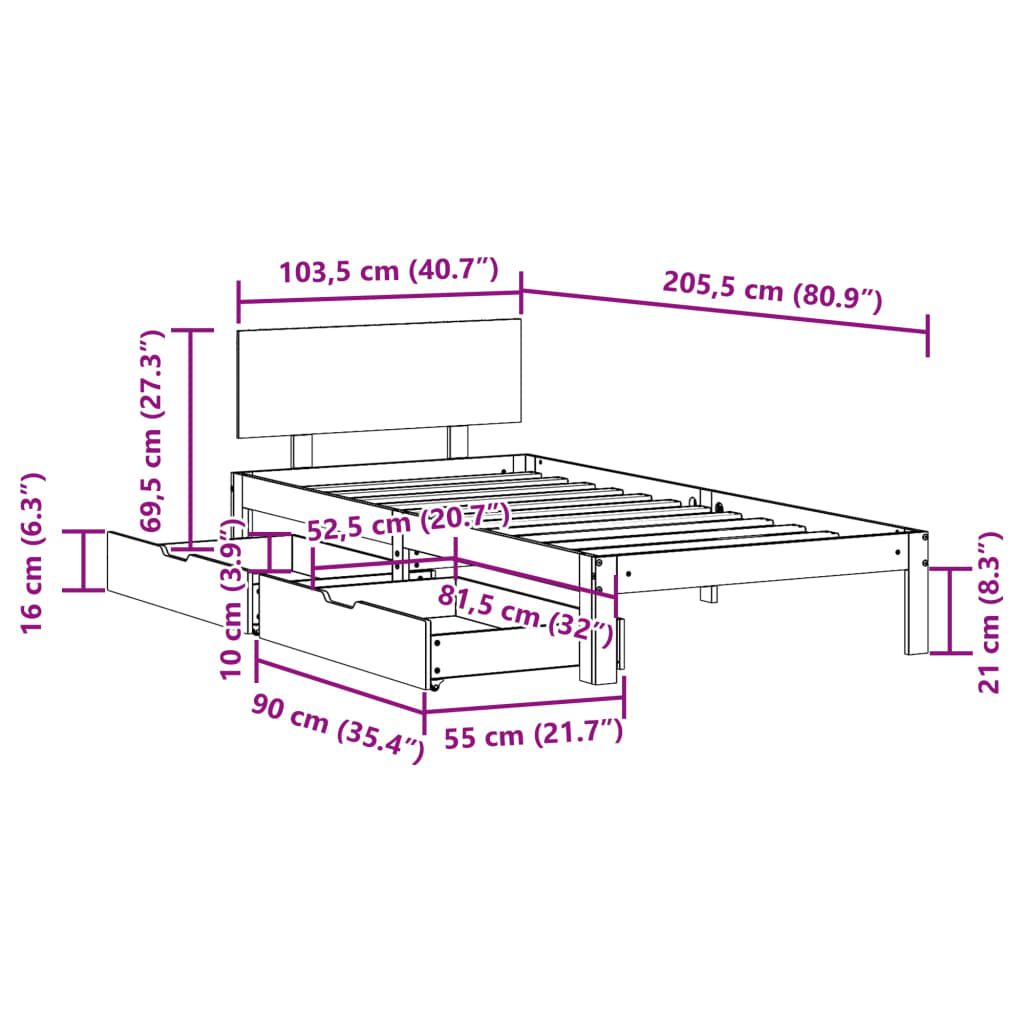 Bed Frame with Drawers without Mattress 100x200 cm