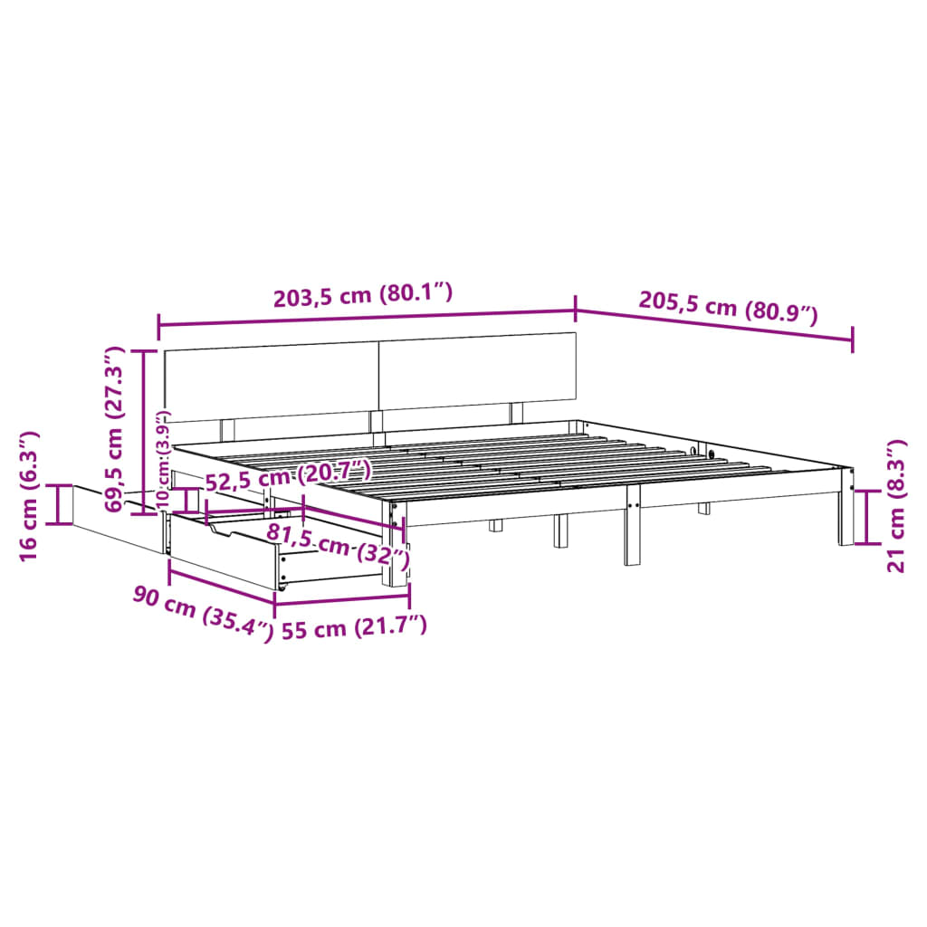 Bed Frame with Drawers without Mattress White 200x200 cm