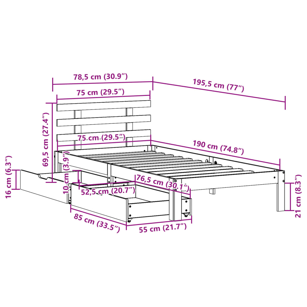 Bed Frame with Drawers without Mattress White75x190 cm Small Single