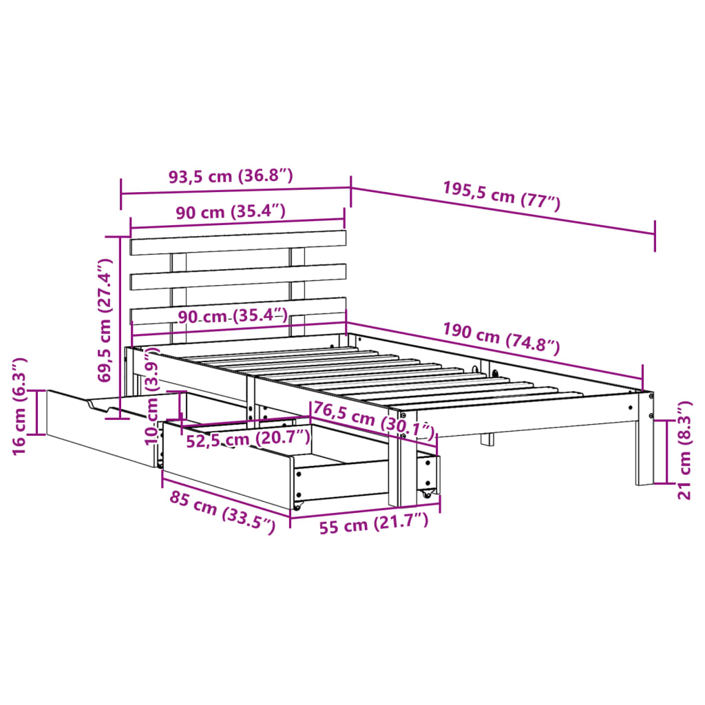 Bed Frame with Drawers without Mattress White90x190 cm Single