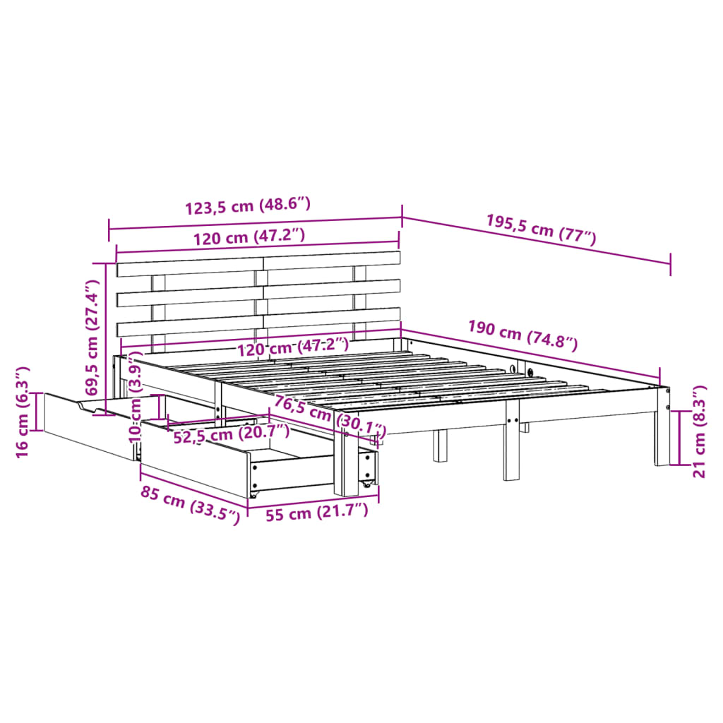 Bed Frame with Drawers without Mattress White 120x190 cm Small Double