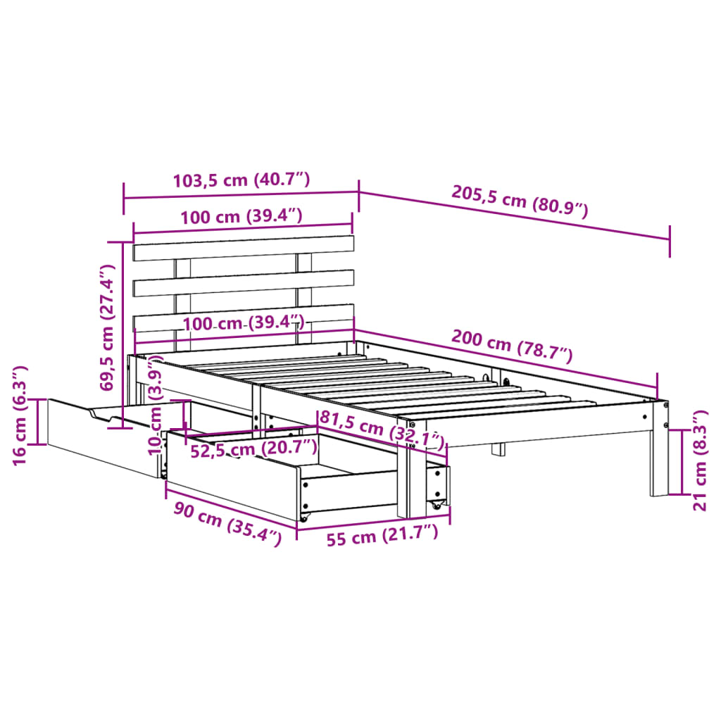 Bed Frame with Drawers without Mattress 100x200 cm