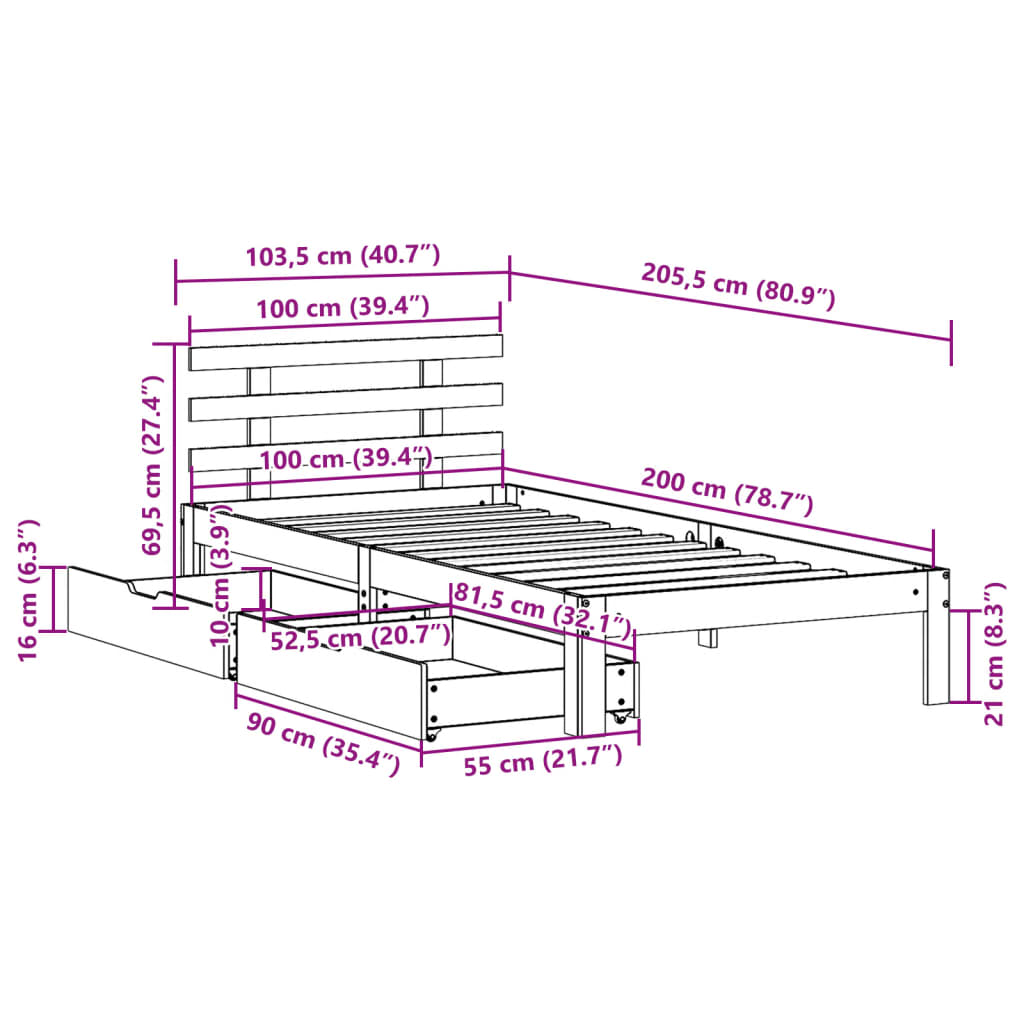 Bed Frame with Drawers without Mattress White 100x200 cm