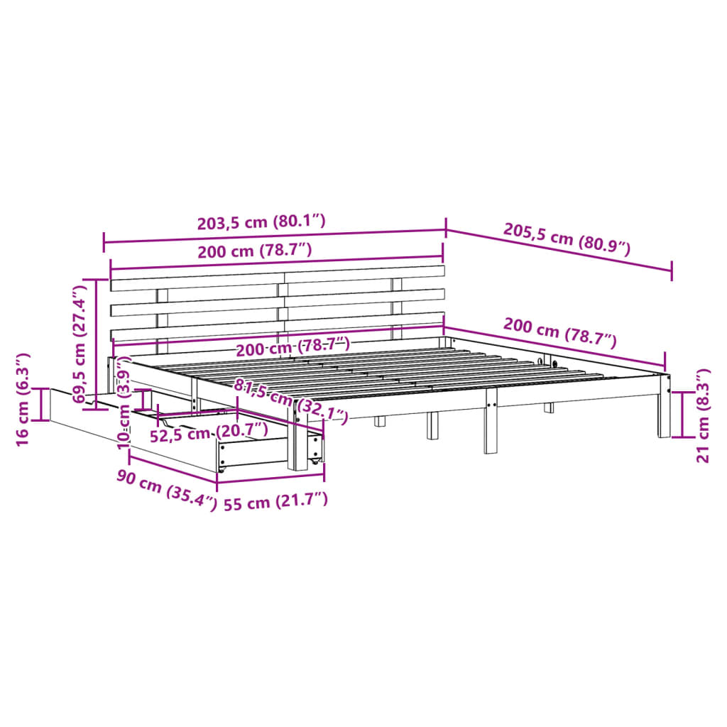 Bed Frame with Drawers without Mattress White 200x200 cm