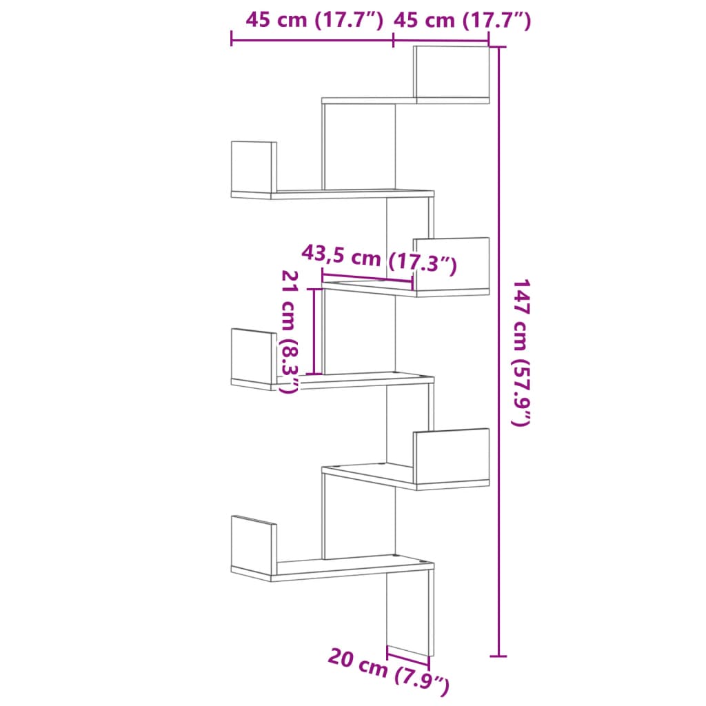 Wall Corner Shelf Black 45x45x147 cm Engineered Wood