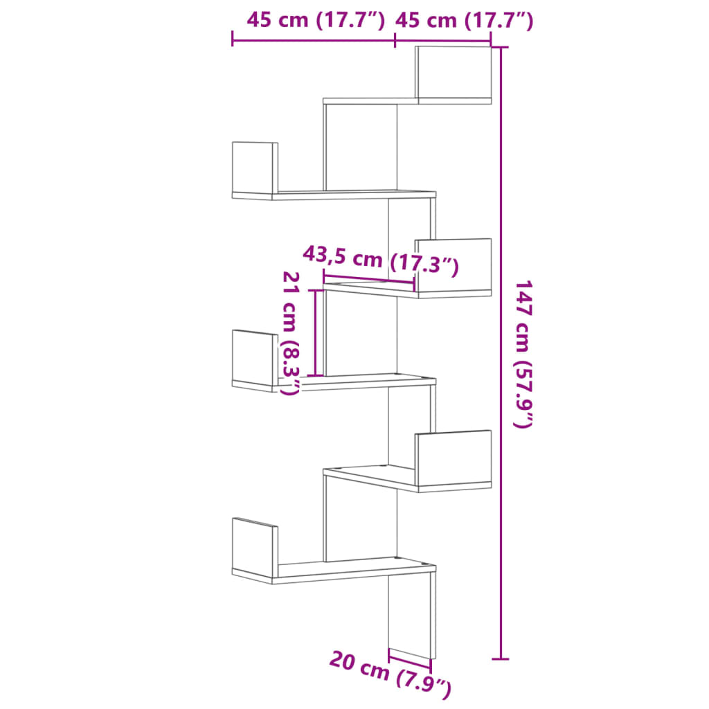 Wall Corner Shelf Concrete Grey 45x45x147 cm Engineered Wood