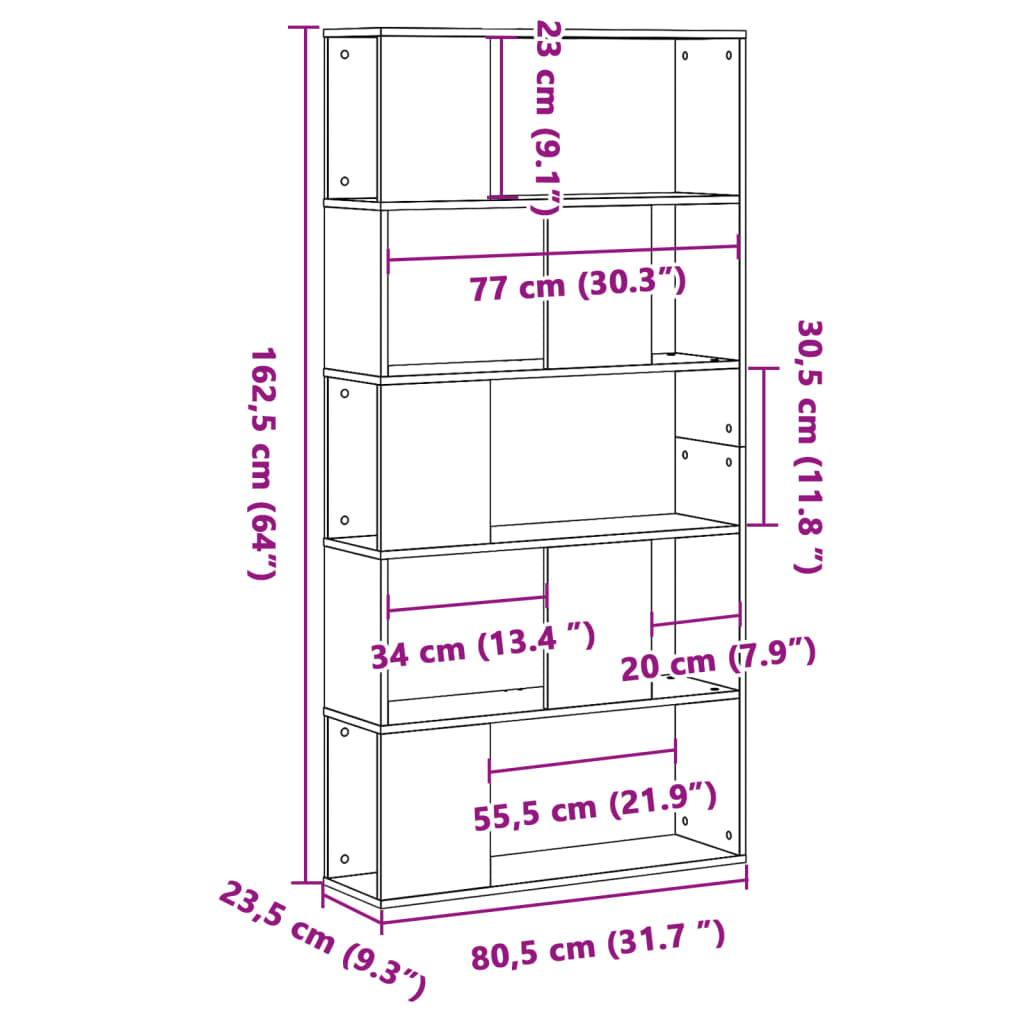 Bookcase 5-Tier White 80.5x23.5x162.5 cm Engineered Wood