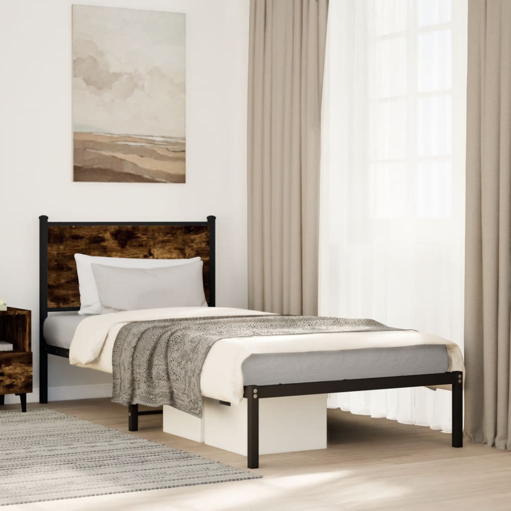 Metal Bed Frame with Headboard Smoked Oak 90x190 cm Single