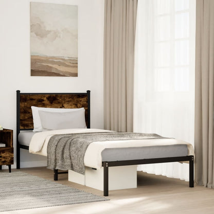 Metal Bed Frame with Headboard Smoked Oak 90x190 cm Single