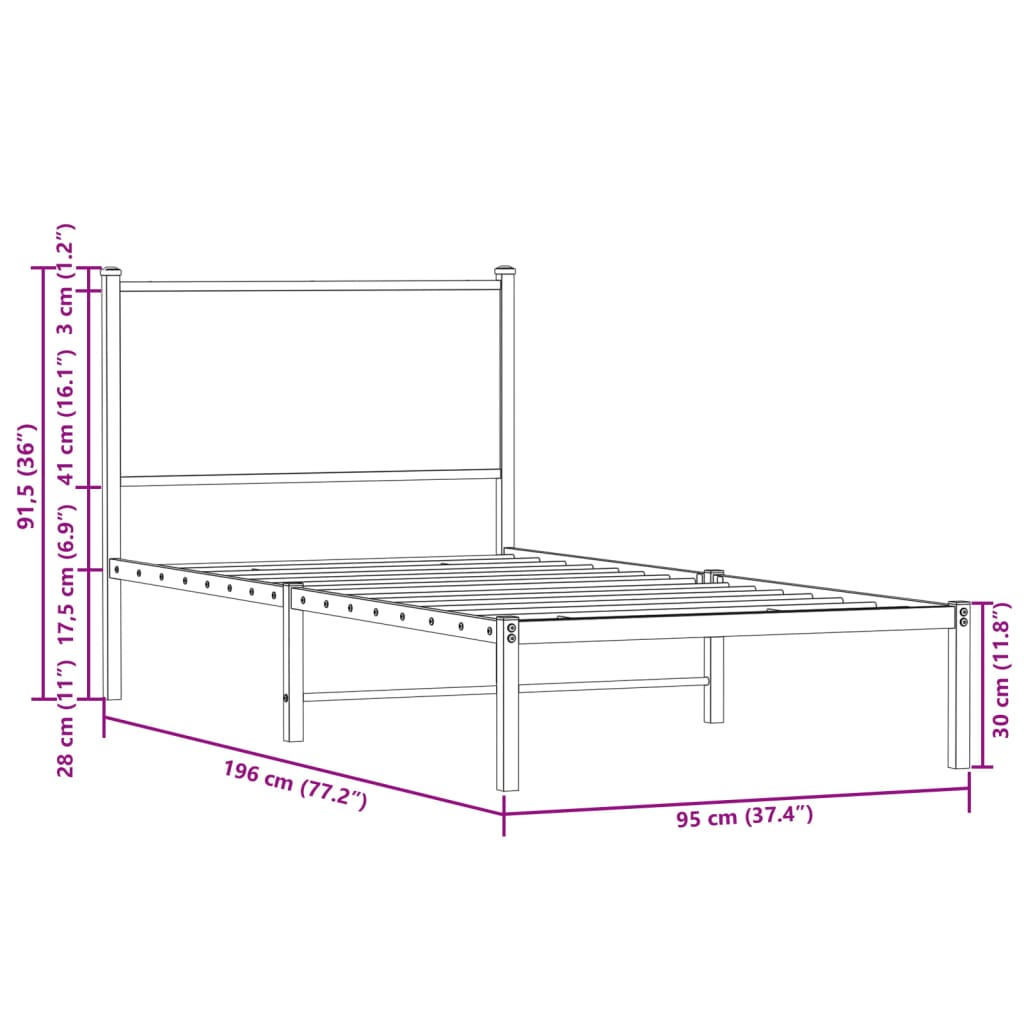 Metal Bed Frame with Headboard Smoked Oak 90x190 cm Single