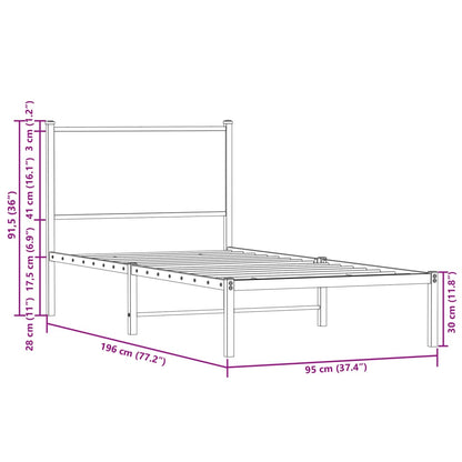 Metal Bed Frame with Headboard Smoked Oak 90x190 cm Single