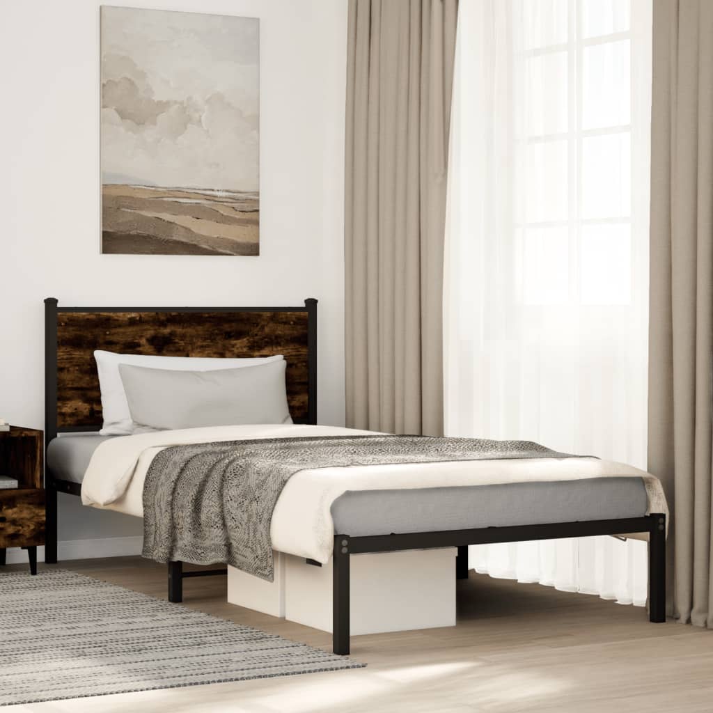 Metal Bed Frame with Headboard Smoked Oak 100x190 cm