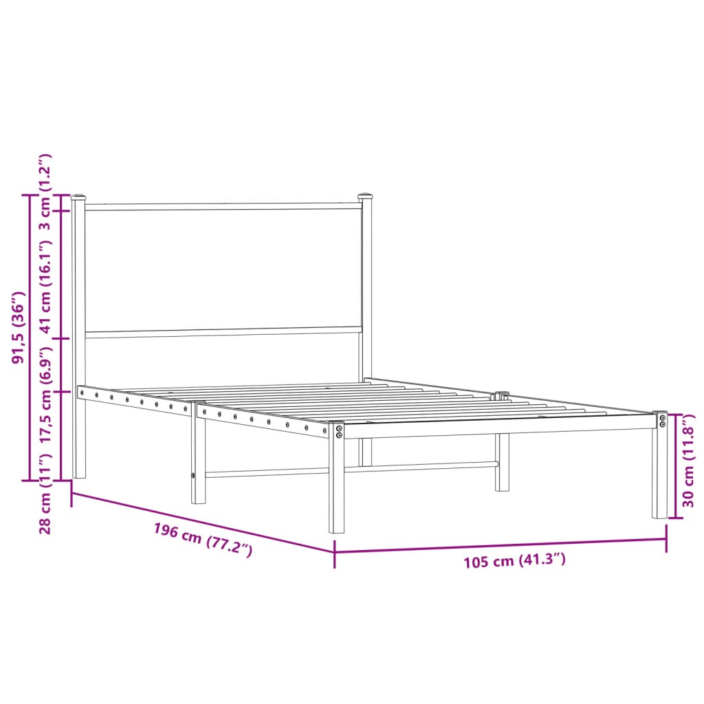 Metal Bed Frame with Headboard Smoked Oak 100x190 cm