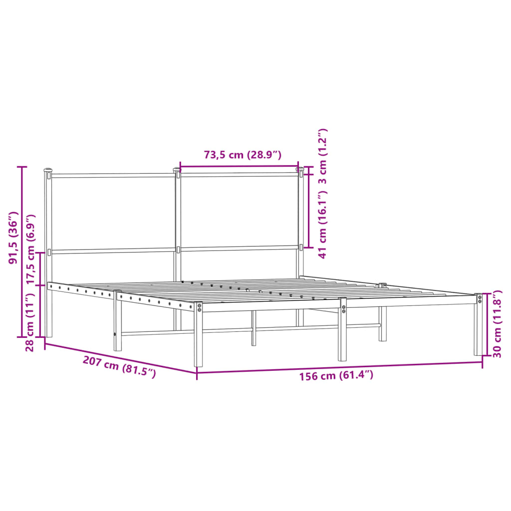 Metal Bed Frame with Headboard Smoked Oak 150x200 cm King Size