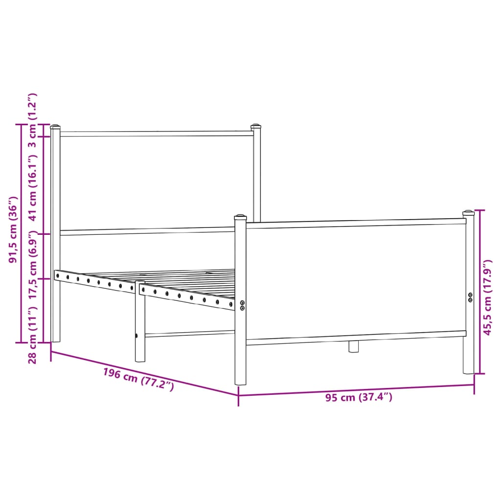 Metal Bed Frame without Mattress Smoked Oak 90x190 cm Single