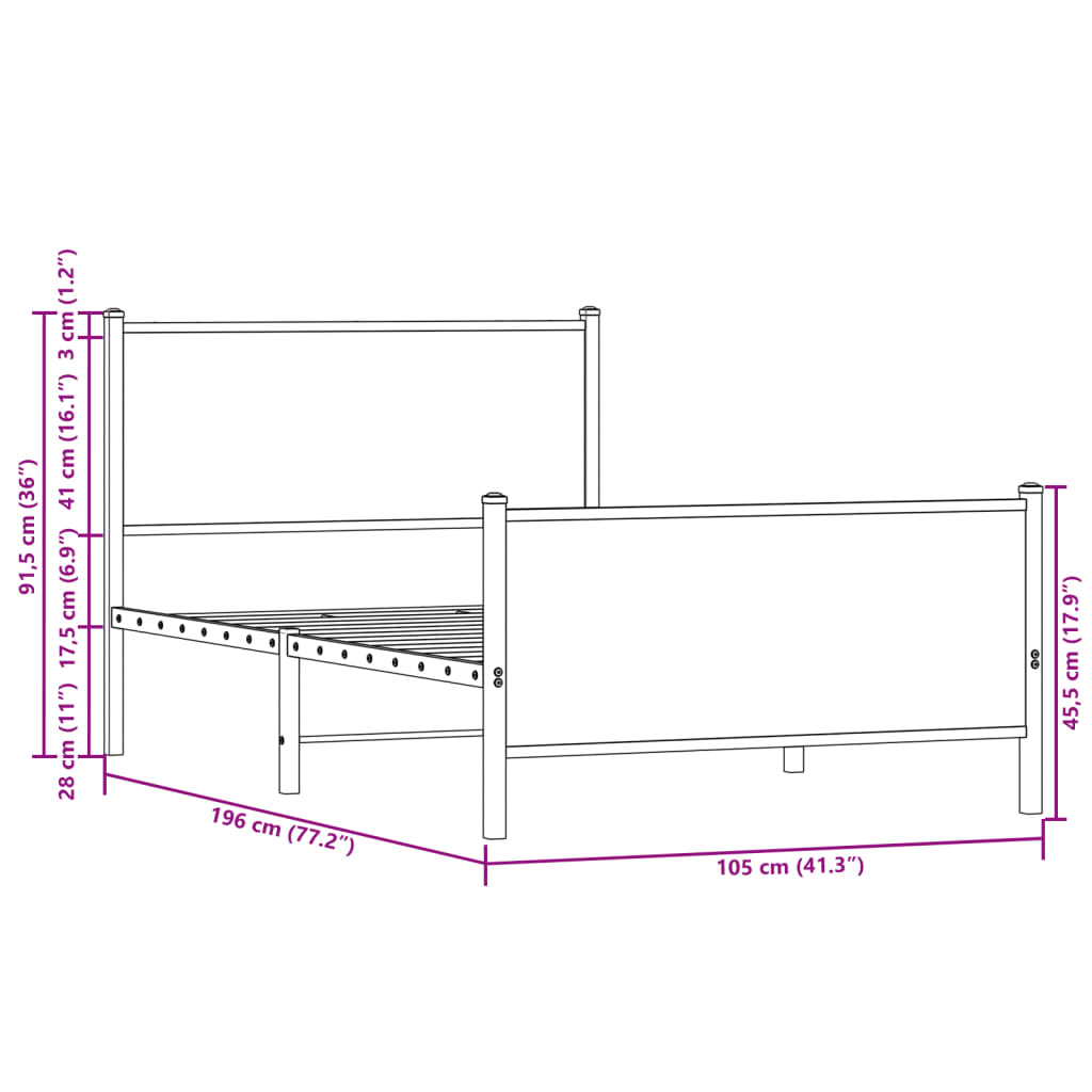 Metal Bed Frame without Mattress Smoked Oak 100x190 cm