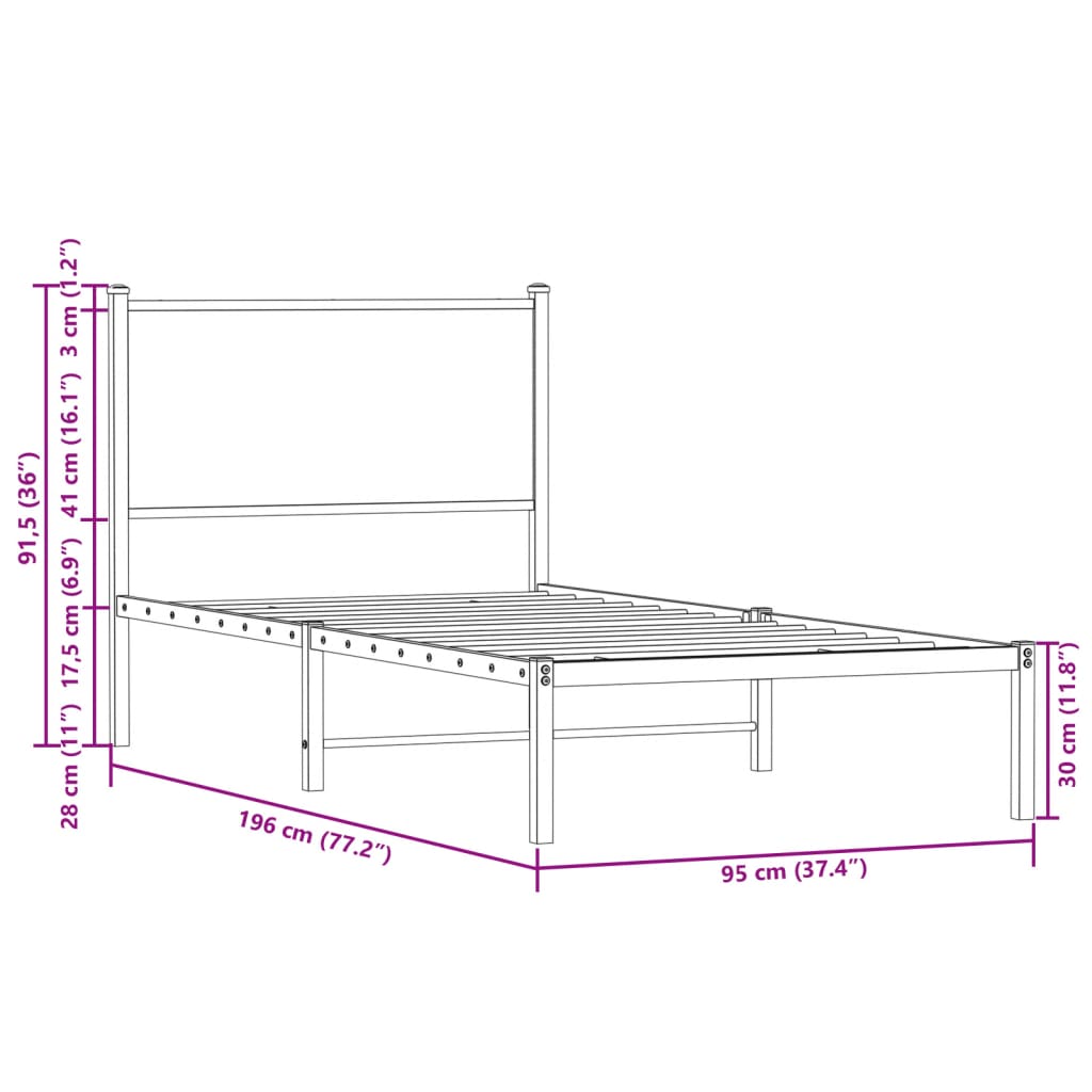 Metal Bed Frame with Headboard Sonoma Oak 90x190 cm Single