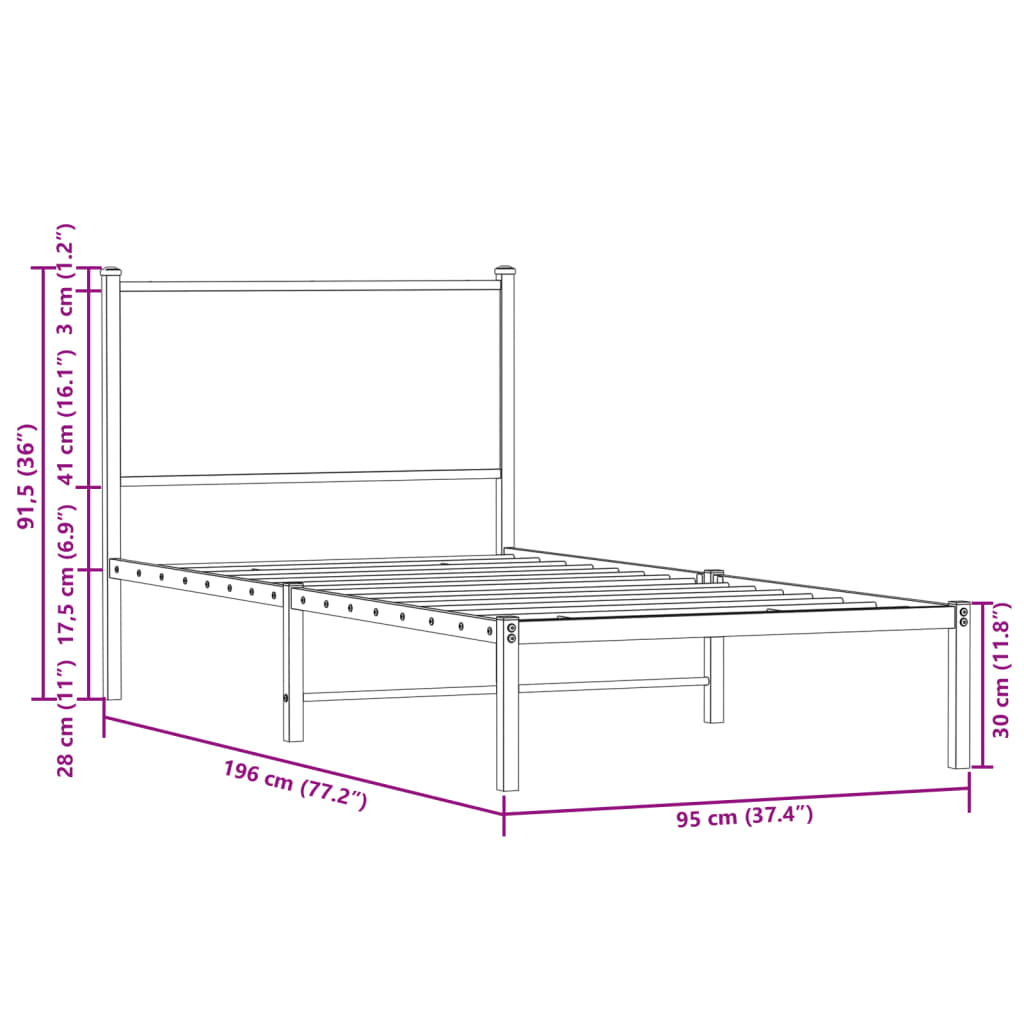 Metal Bed Frame with Headboard Brown Oak 90x190 cm Single