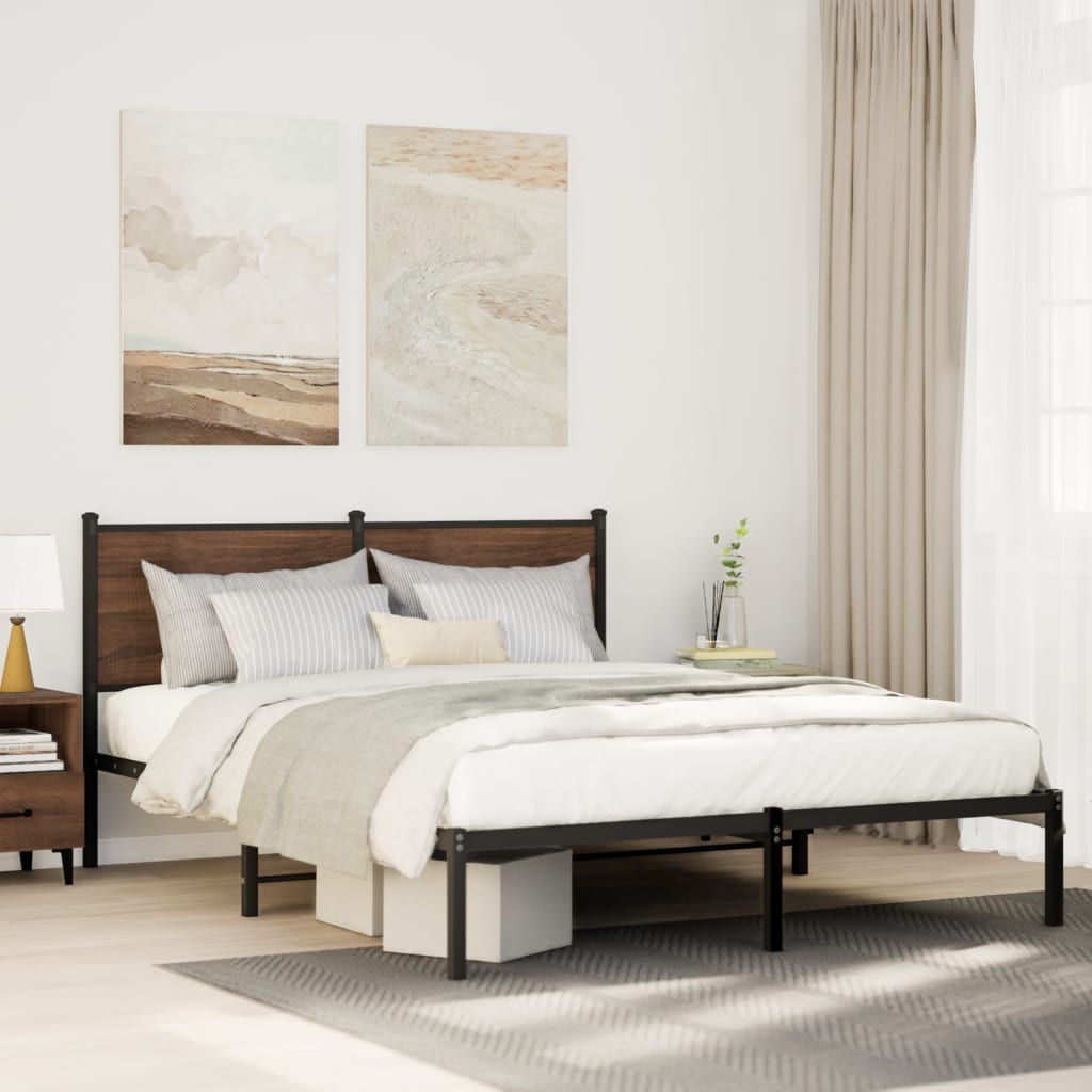 Metal Bed Frame with Headboard Brown Oak 150x200 cm King Size