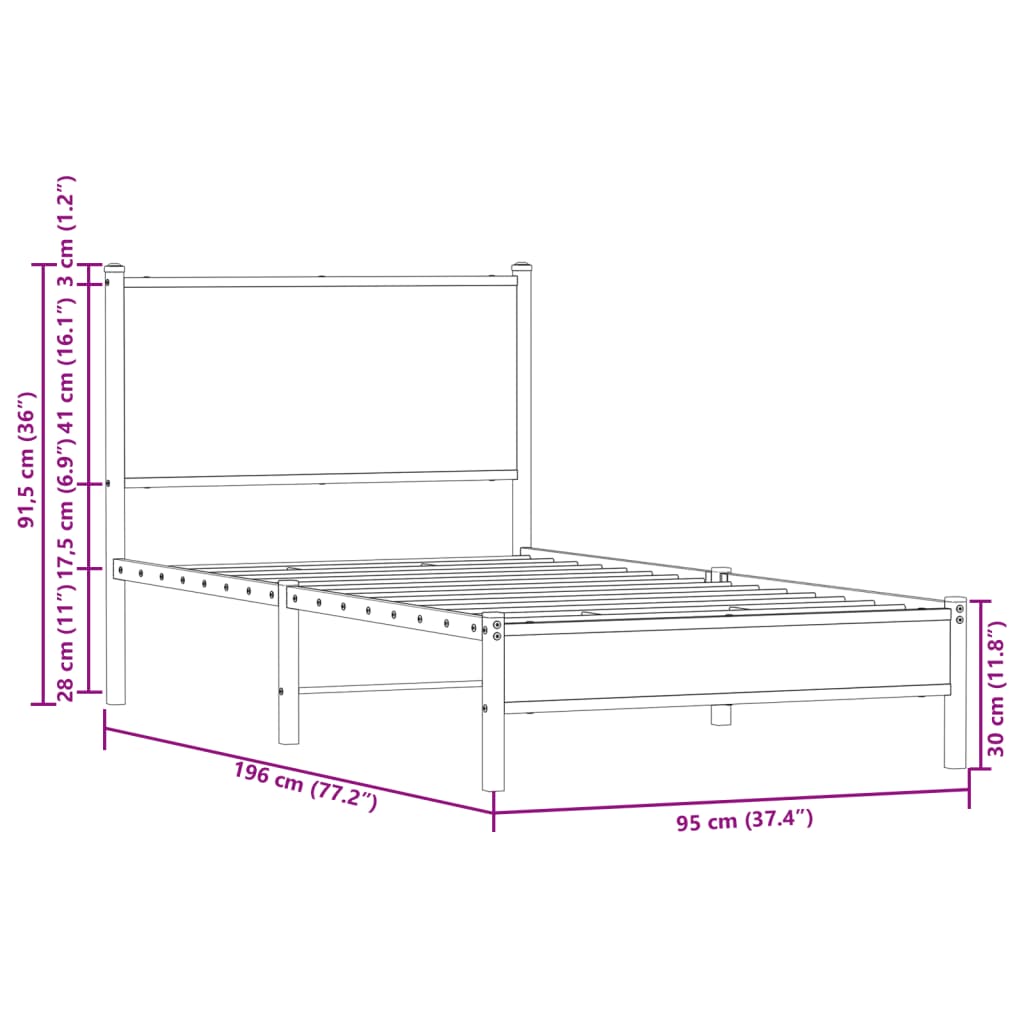 Metal Bed Frame without Mattress Smoked Oak 90x190 cm Single