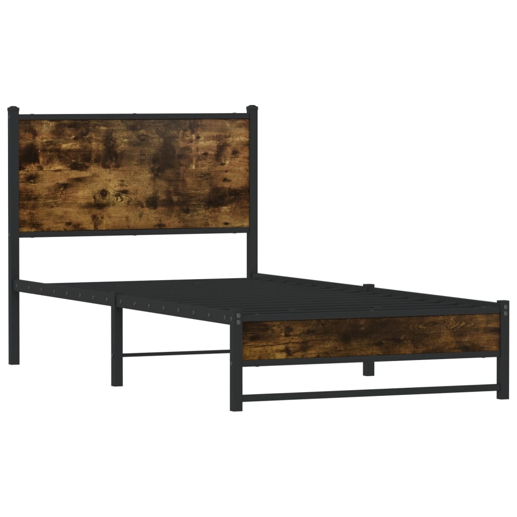 Metal Bed Frame with Headboard Smoked Oak 90x190 cm Single