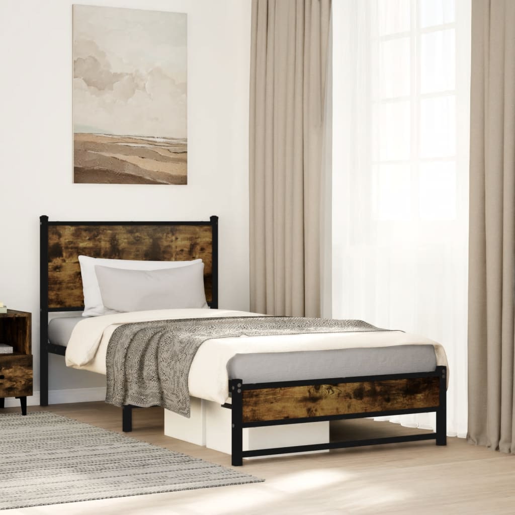 Metal Bed Frame with Headboard Smoked Oak 90x190 cm Single