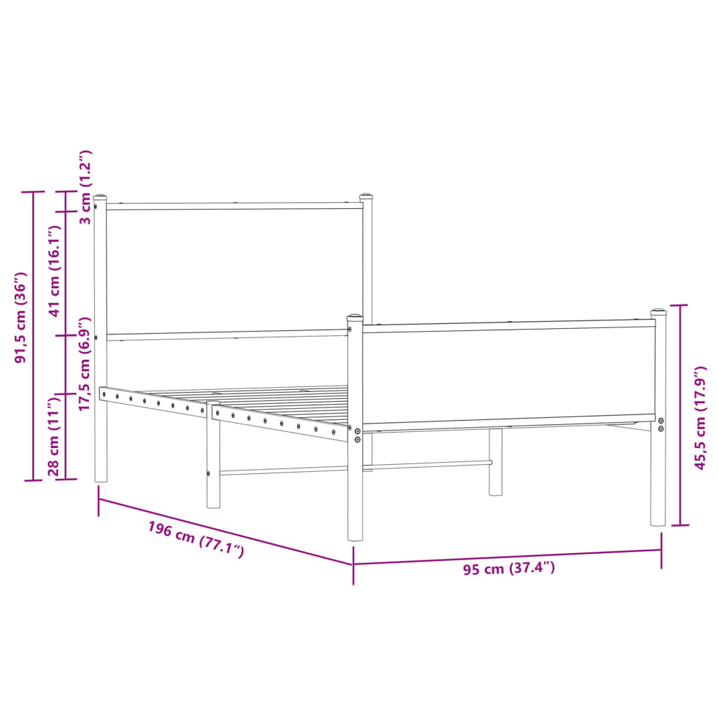 Metal Bed Frame without Mattress Smoked Oak 90x190 cm Single