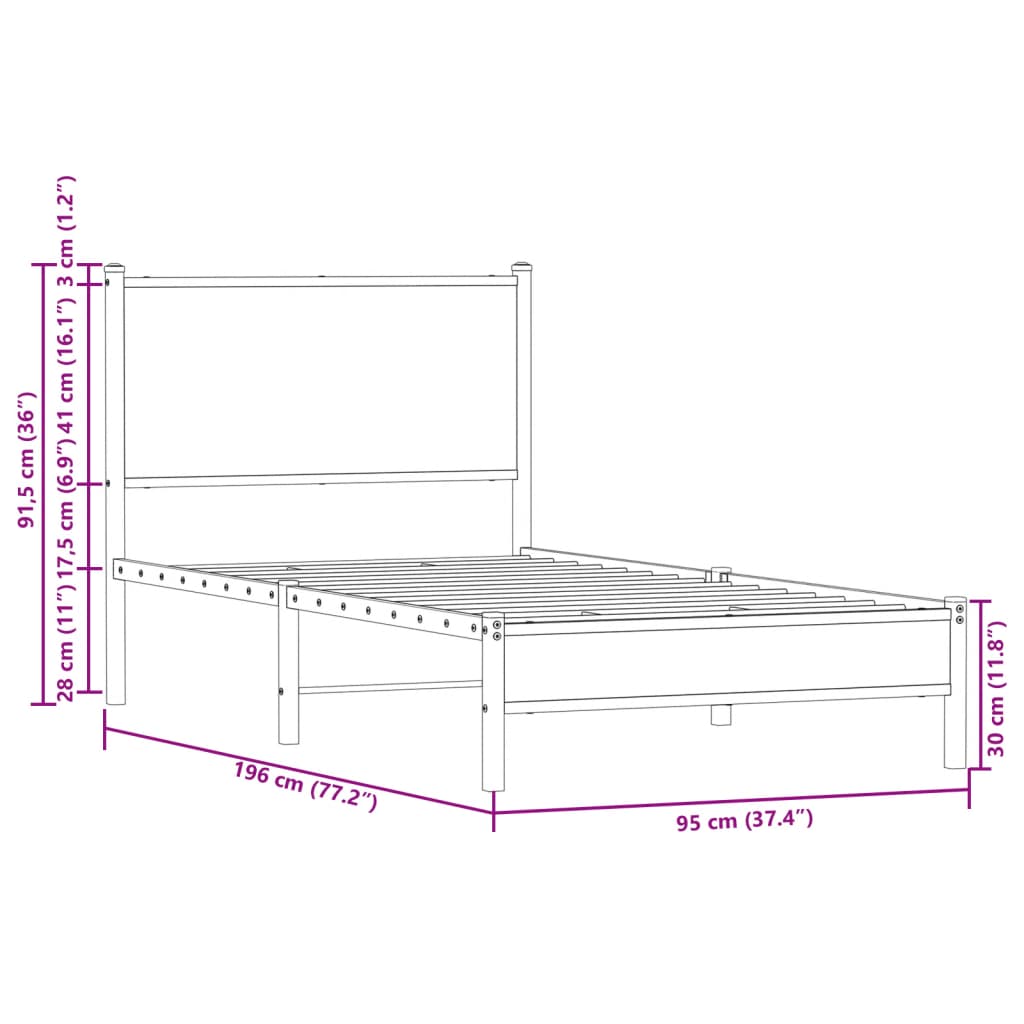 Metal Bed Frame with Headboard Sonoma Oak 90x190 cm Single