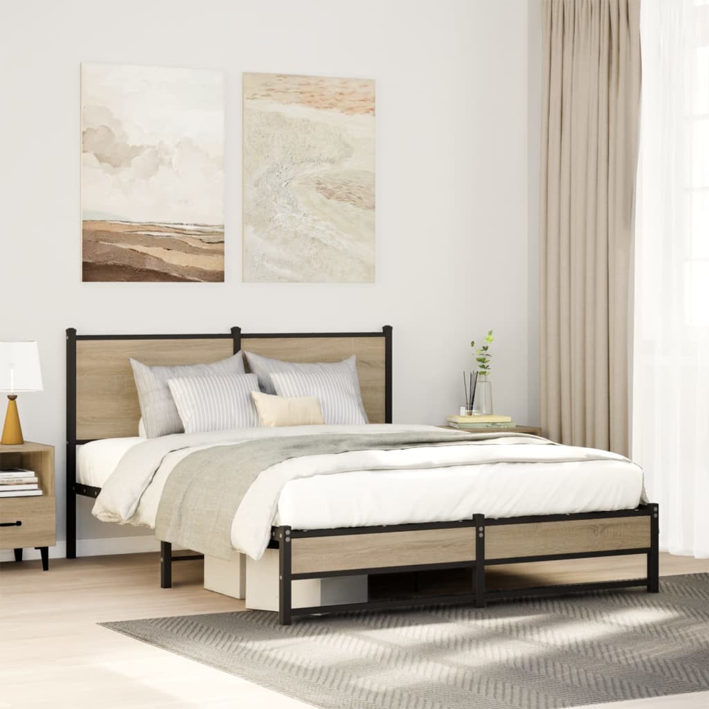 Metal Bed Frame with Headboard Sonoma Oak 150x200 cm King Size