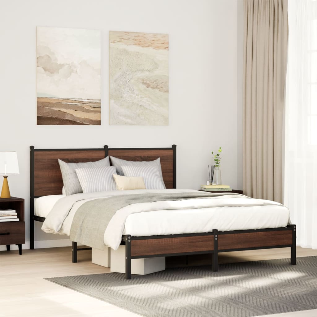 Metal Bed Frame with Headboard Brown Oak 150x200 cm King Size