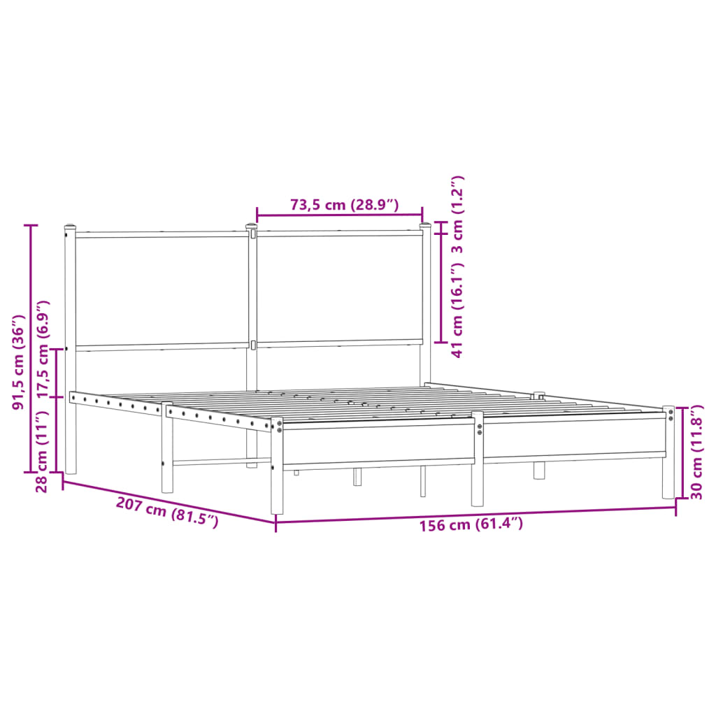 Metal Bed Frame with Headboard Brown Oak 150x200 cm King Size