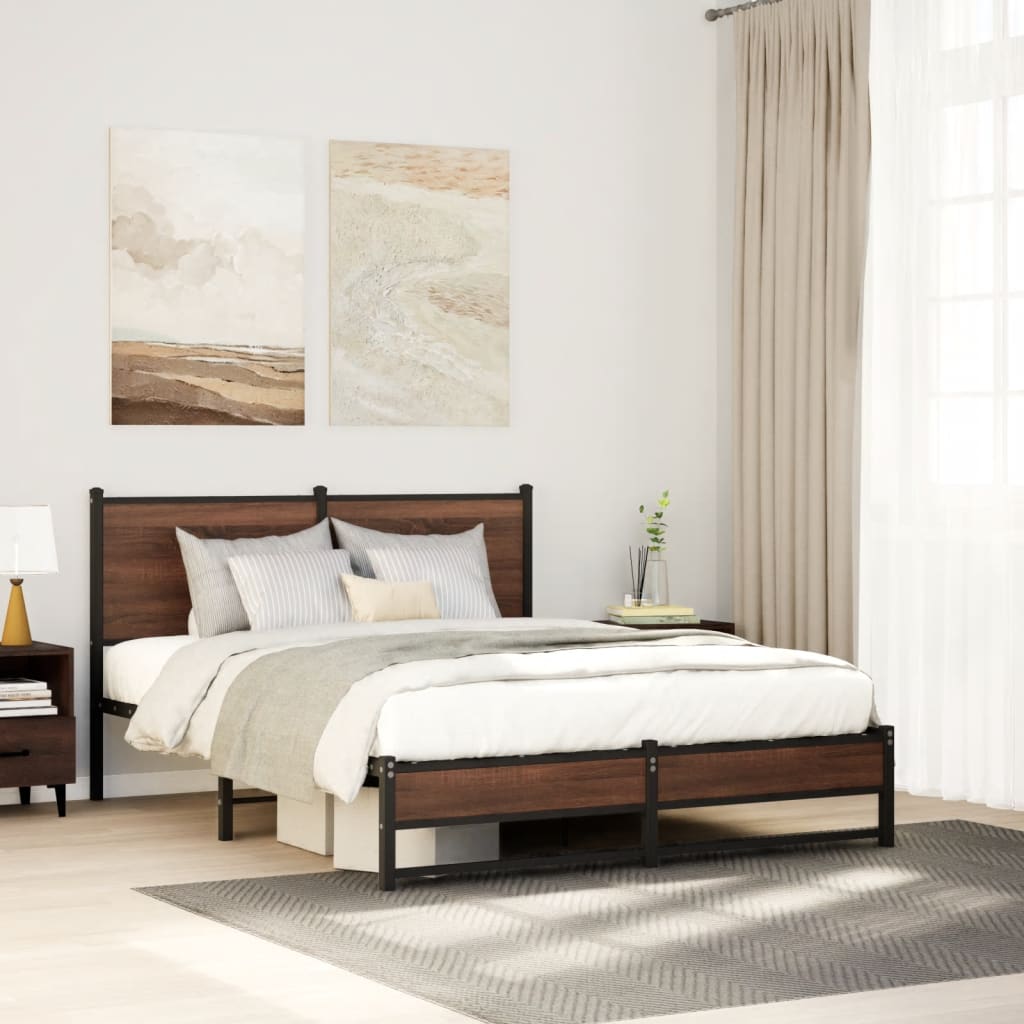 Metal Bed Frame without Mattress Brown Oak 140x190 cm