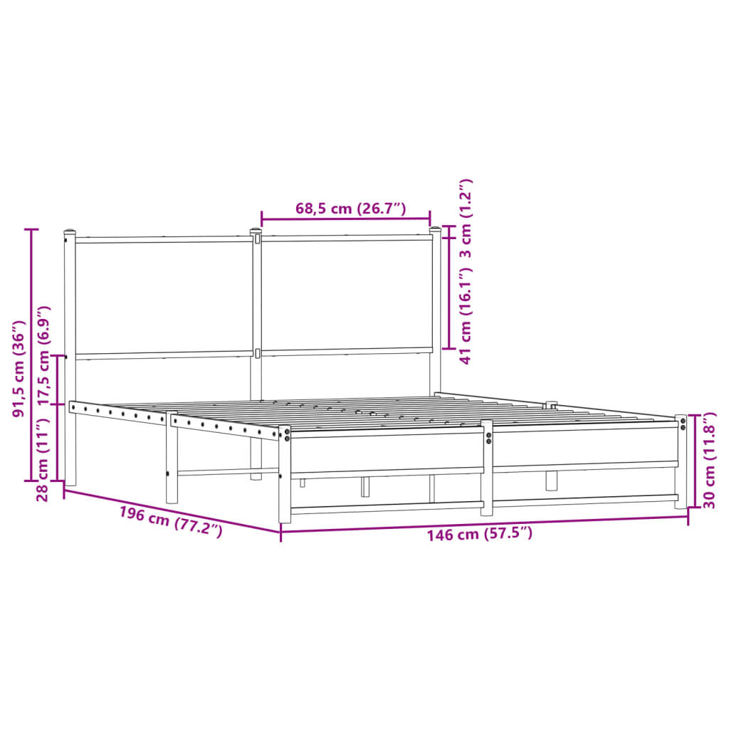 Metal Bed Frame without Mattress Brown Oak 140x190 cm