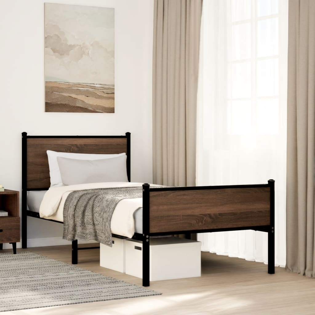 Metal Bed Frame with Headboard and Footboard Brown Oak 90x190 cm Single