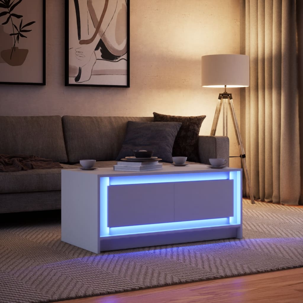 Coffee Table with LED Lights White Engineered Wood