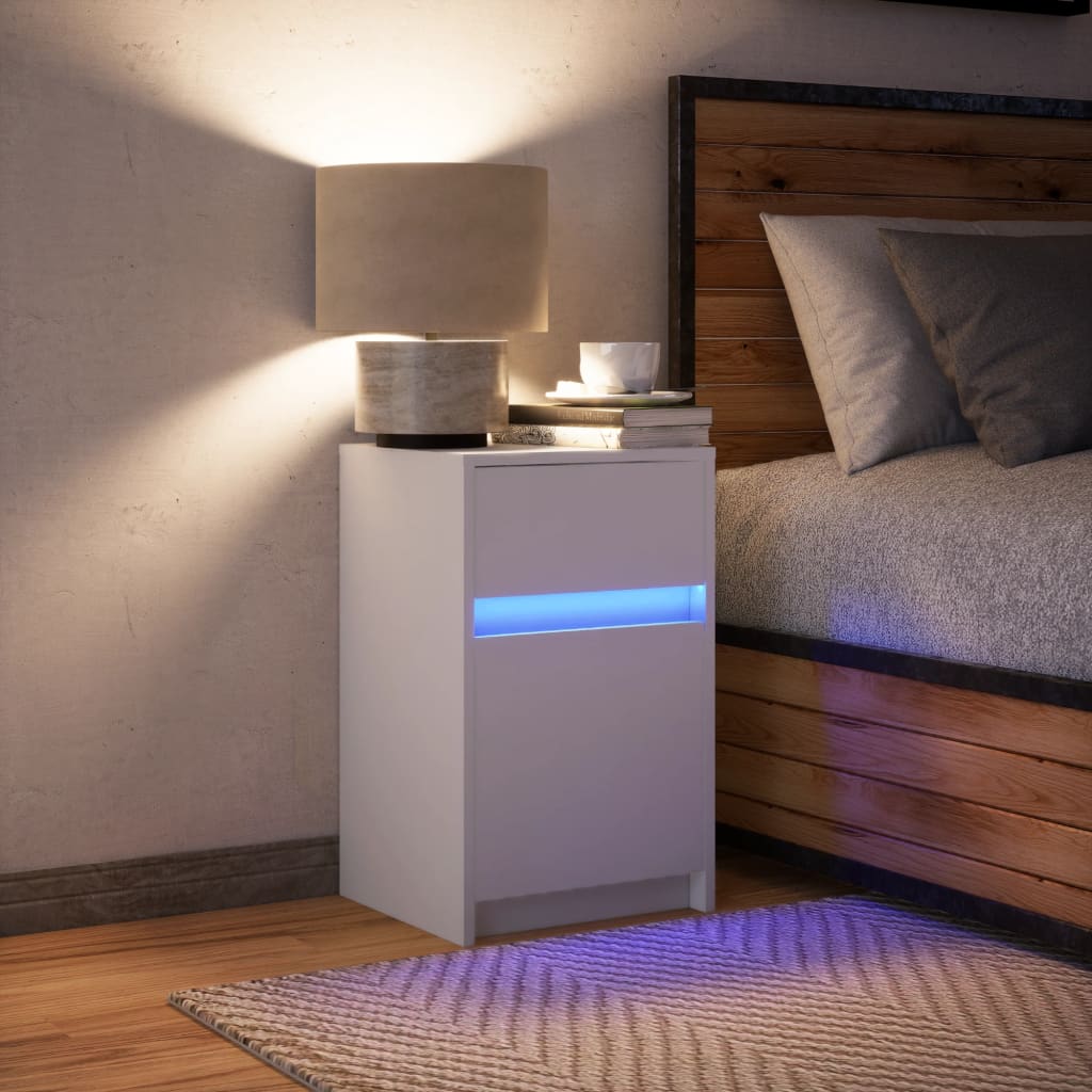 Bedside Cabinet with LED Lights White Engineered Wood