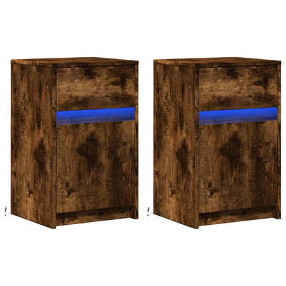 Bedside Cabinets with LED Lights 2 pcs Smoked Oak Engineered Wood