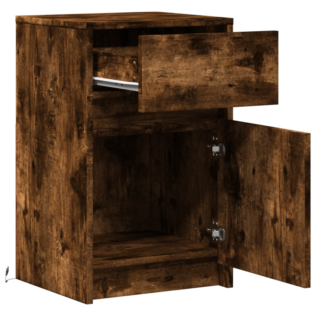 Bedside Cabinets with LED Lights 2 pcs Smoked Oak Engineered Wood