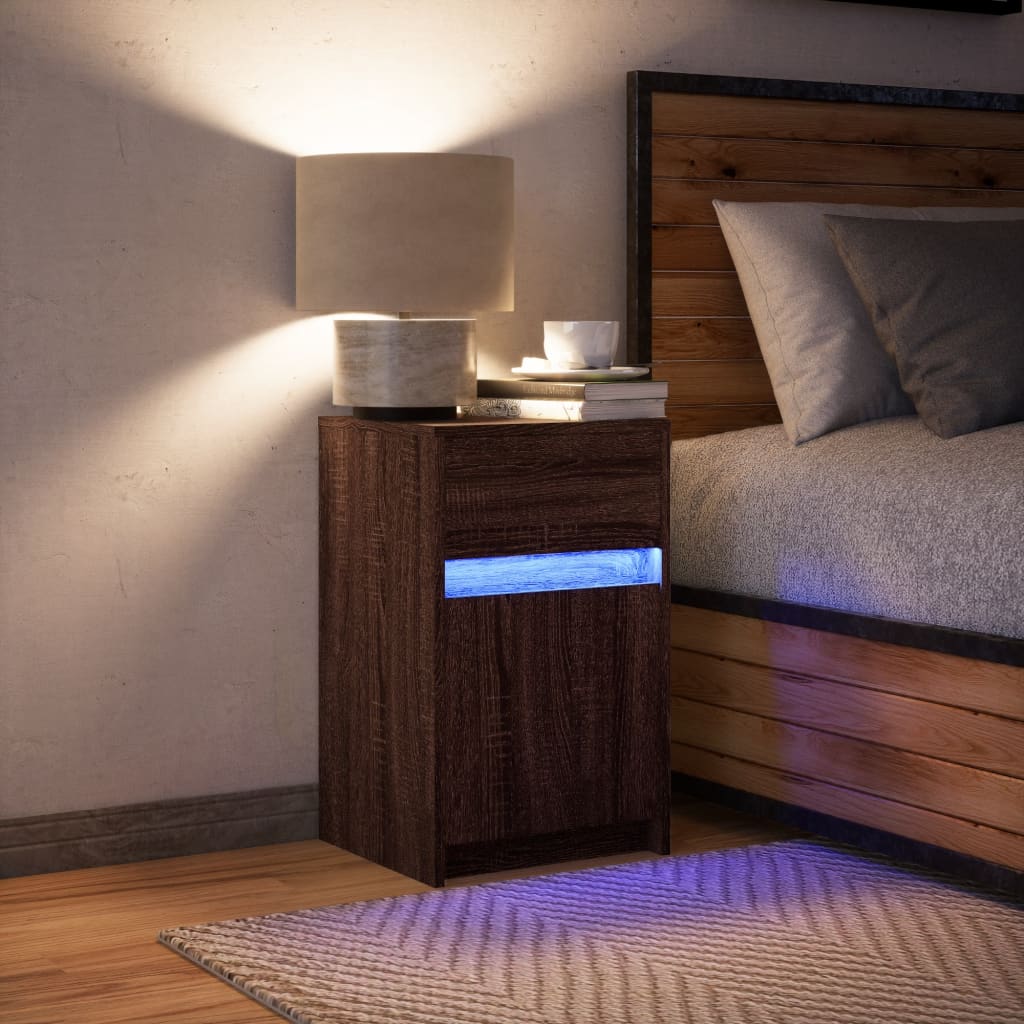 Bedside Cabinet with LED Lights Brown Oak Engineered Wood