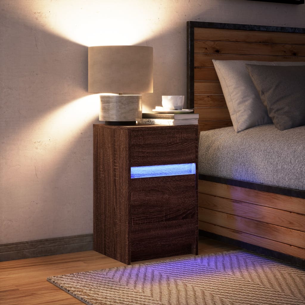 Bedside Cabinet with LED Lights Brown Oak Engineered Wood