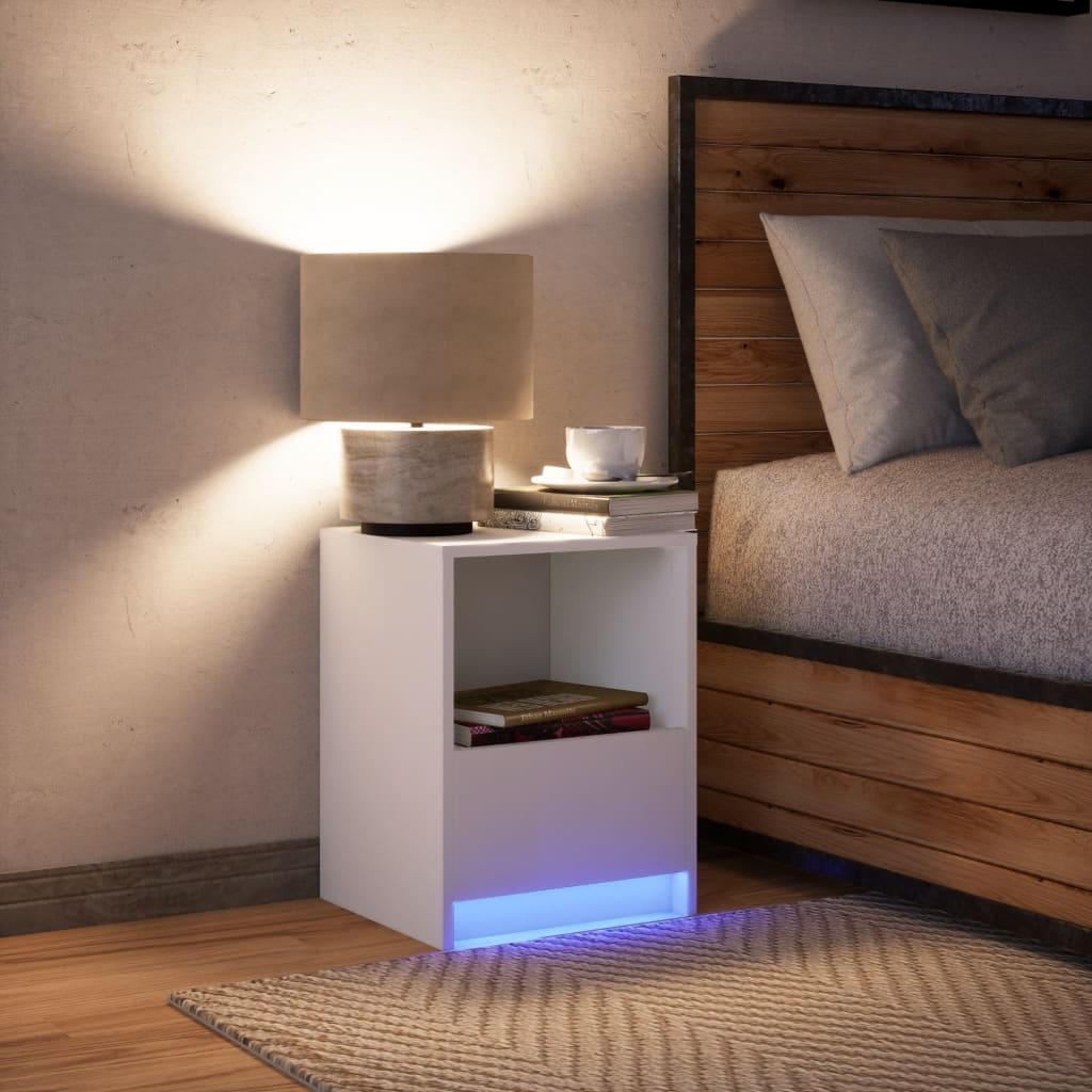 Bedside Cabinet with LED Lights White Engineered Wood