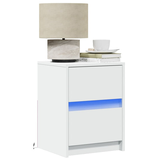 Bedside Cabinet with LED Lights White Engineered Wood