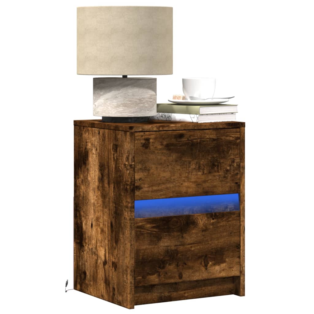 Bedside Cabinets with LED Lights 2 pcs Smoked Oak Engineered Wood