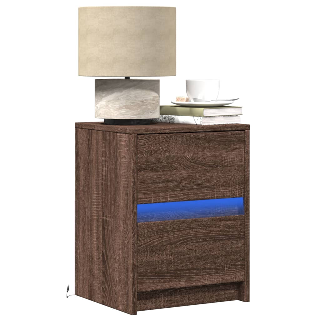 Bedside Cabinet with LED Lights Brown Oak Engineered Wood