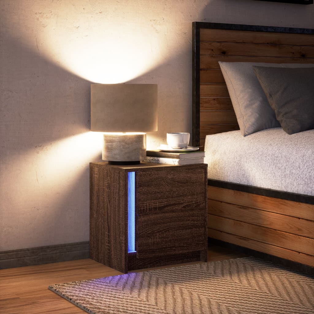 Bedside Cabinet with LED Lights Brown Oak Engineered Wood