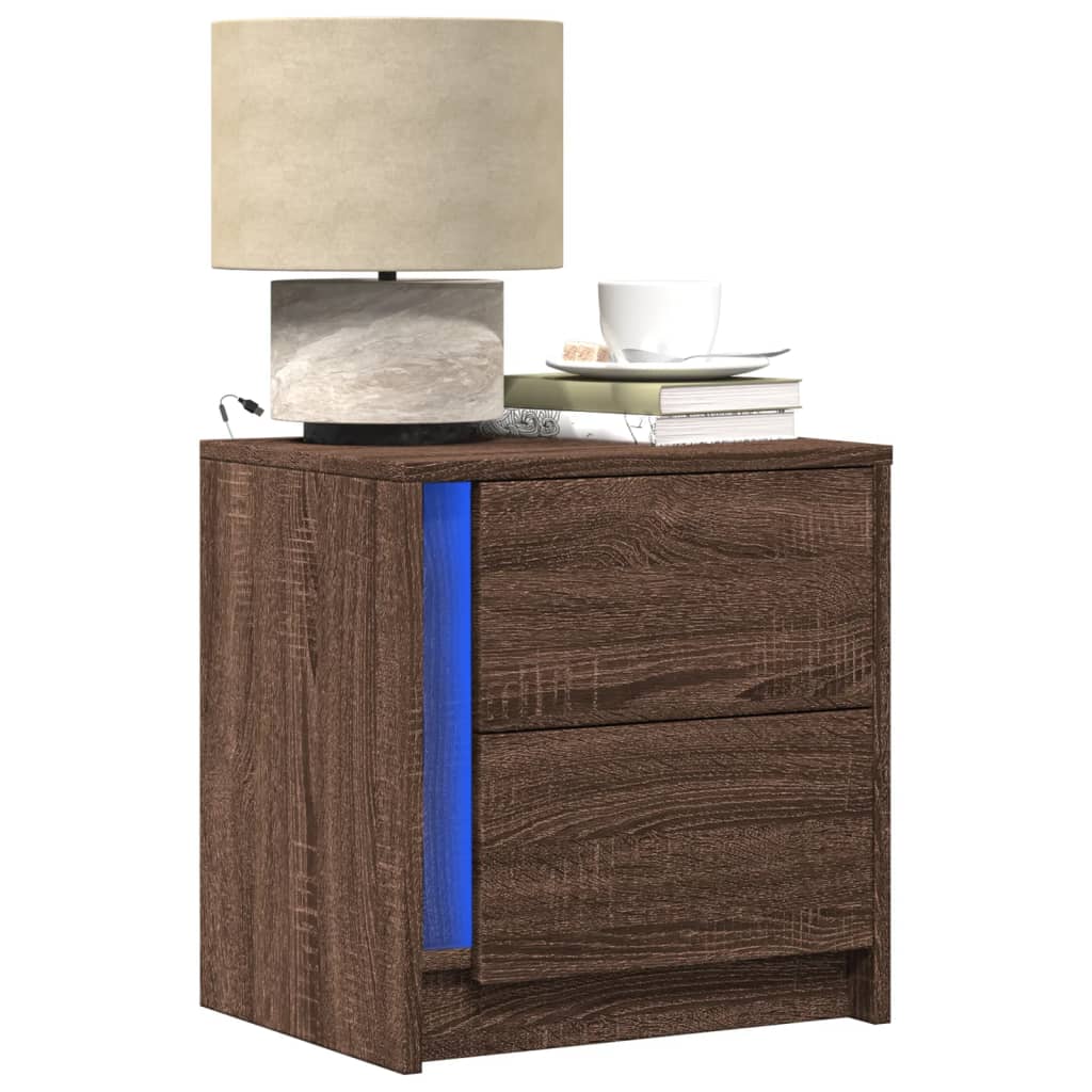 Bedside Cabinet with LED Lights Brown Oak Engineered Wood